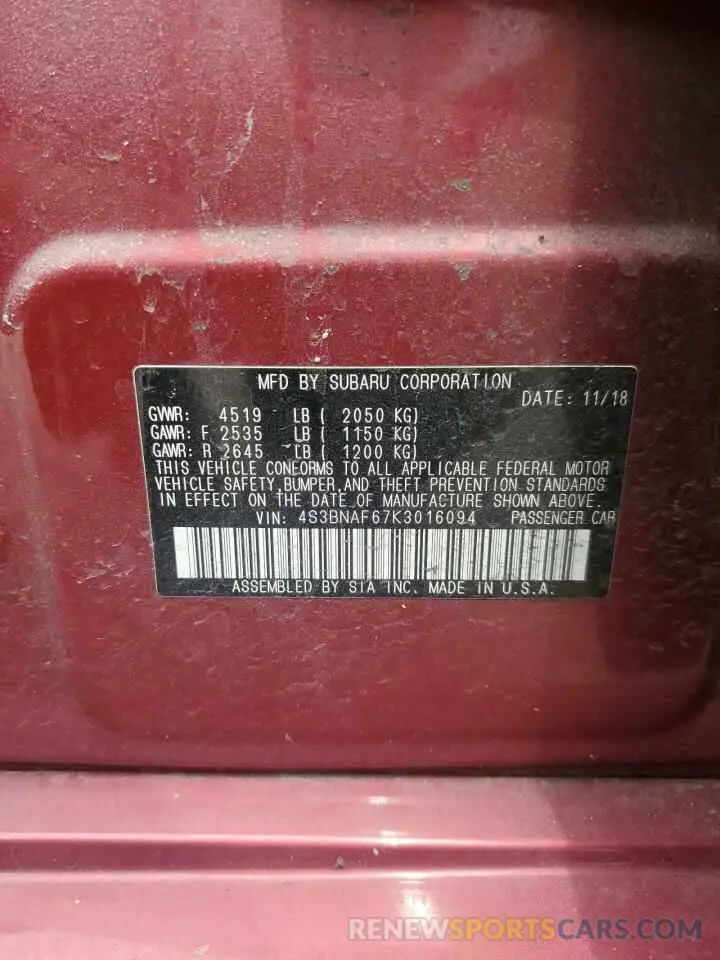12 Photograph of a damaged car 4S3BNAF67K3016094 SUBARU LEGACY 2019