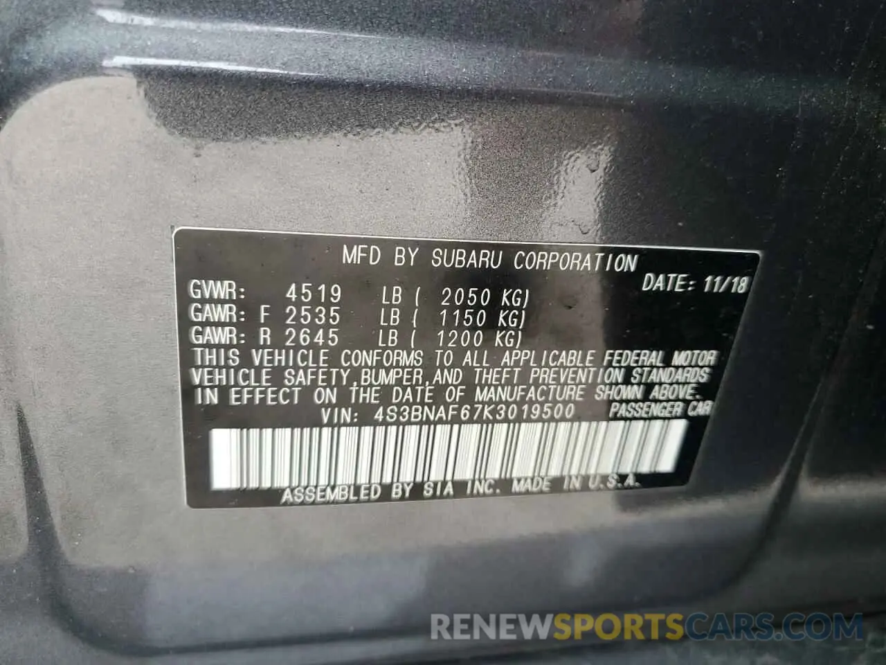 13 Photograph of a damaged car 4S3BNAF67K3019500 SUBARU LEGACY 2019