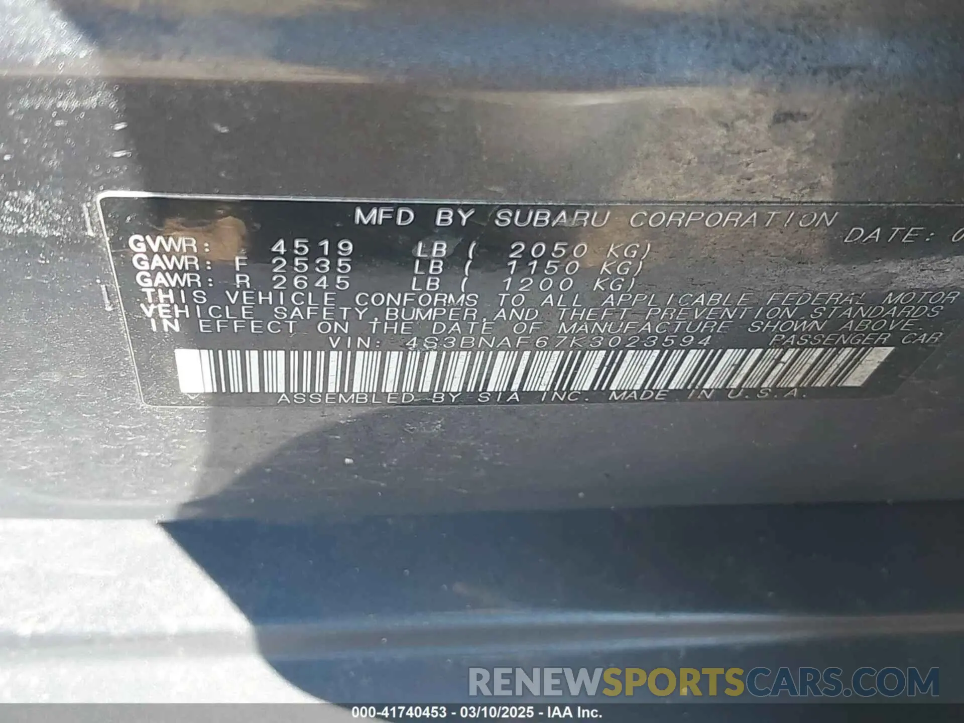 9 Photograph of a damaged car 4S3BNAF67K3023594 SUBARU LEGACY 2019
