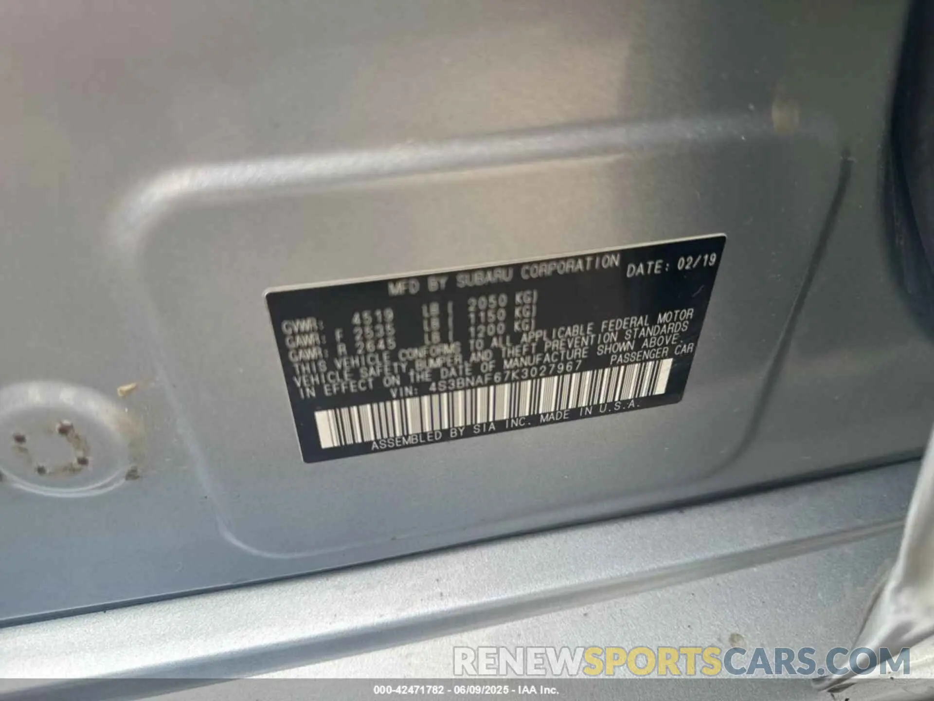 9 Photograph of a damaged car 4S3BNAF67K3027967 SUBARU LEGACY 2019