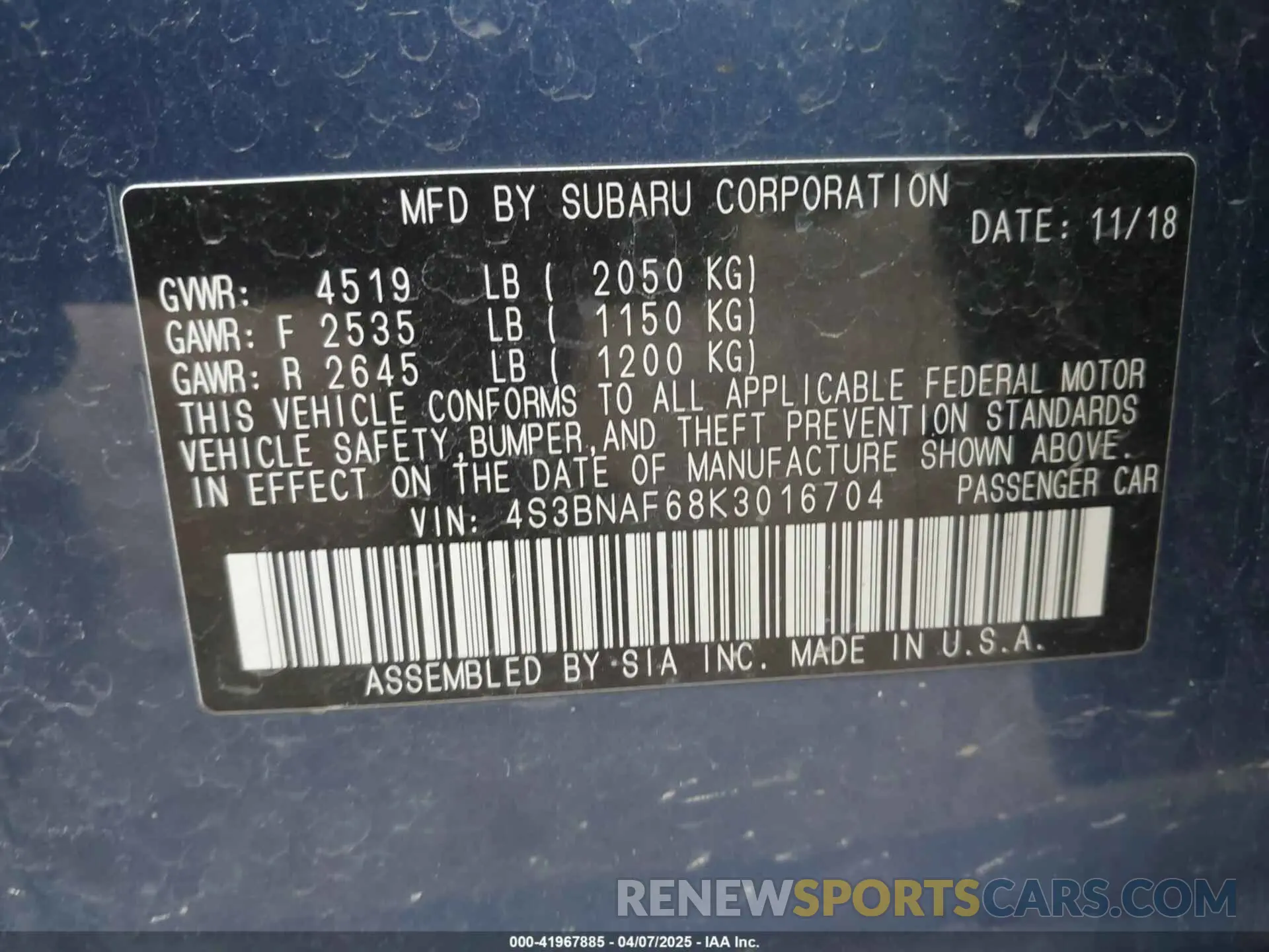 9 Photograph of a damaged car 4S3BNAF68K3016704 SUBARU LEGACY 2019