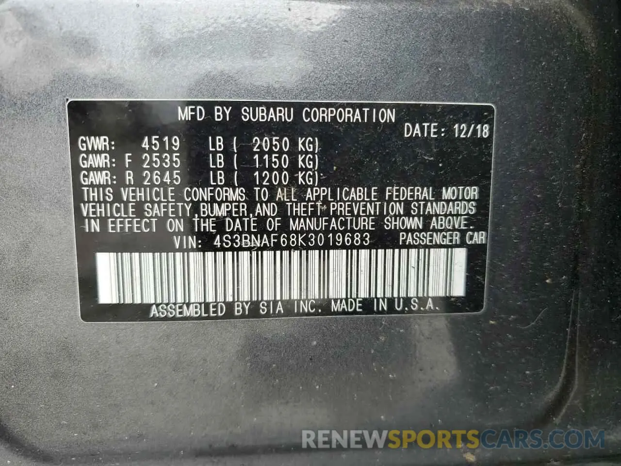 12 Photograph of a damaged car 4S3BNAF68K3019683 SUBARU LEGACY 2019