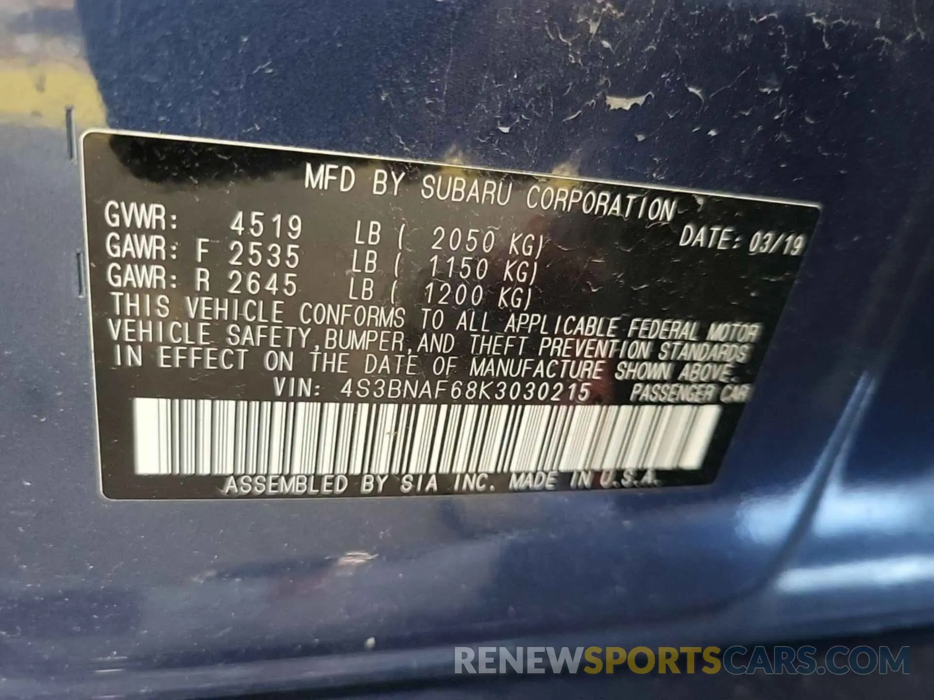 19 Photograph of a damaged car 4S3BNAF68K3030215 SUBARU LEGACY 2019