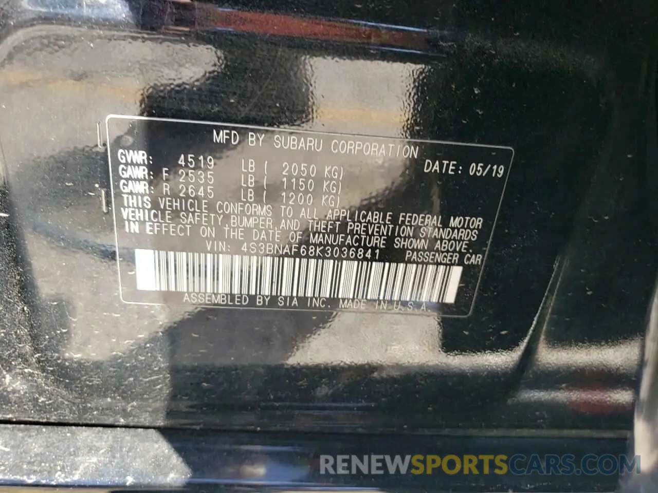 12 Photograph of a damaged car 4S3BNAF68K3036841 SUBARU LEGACY 2019
