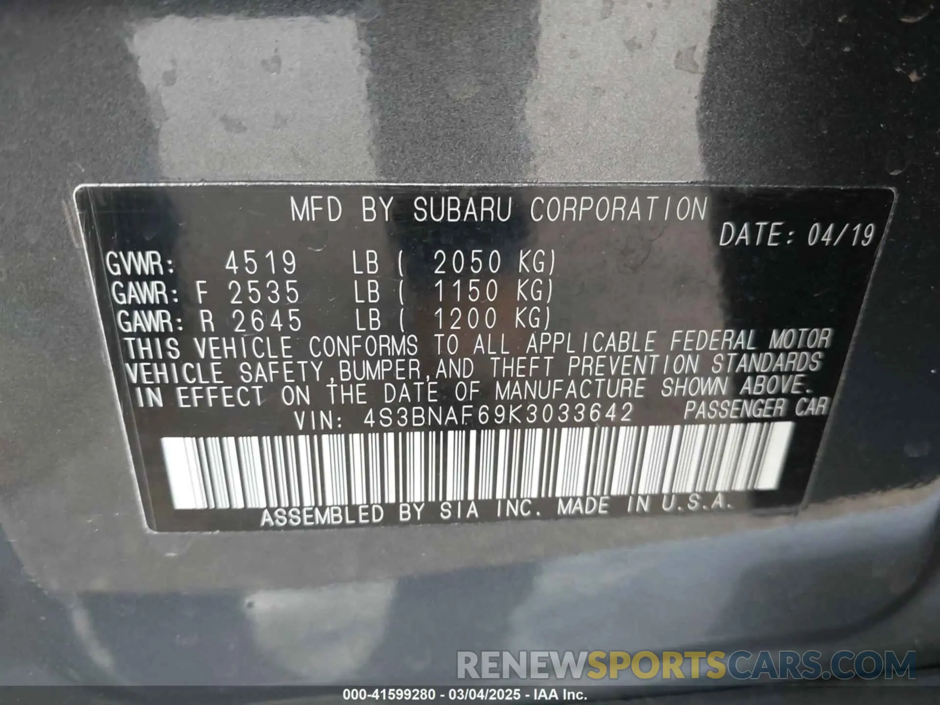 9 Photograph of a damaged car 4S3BNAF69K3033642 SUBARU LEGACY 2019