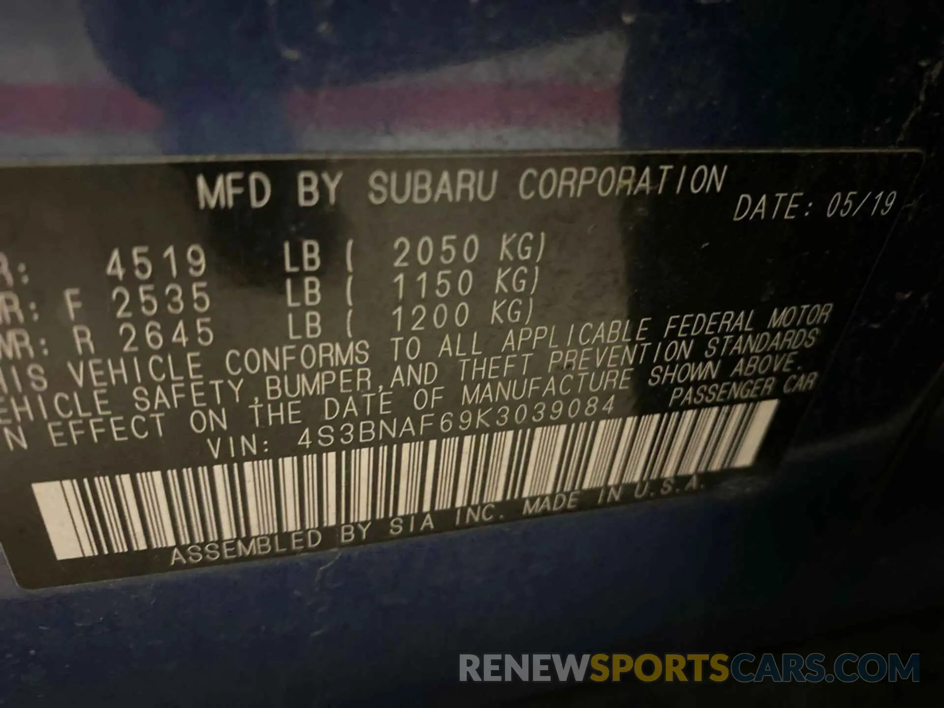 14 Photograph of a damaged car 4S3BNAF69K3039084 SUBARU LEGACY 2019