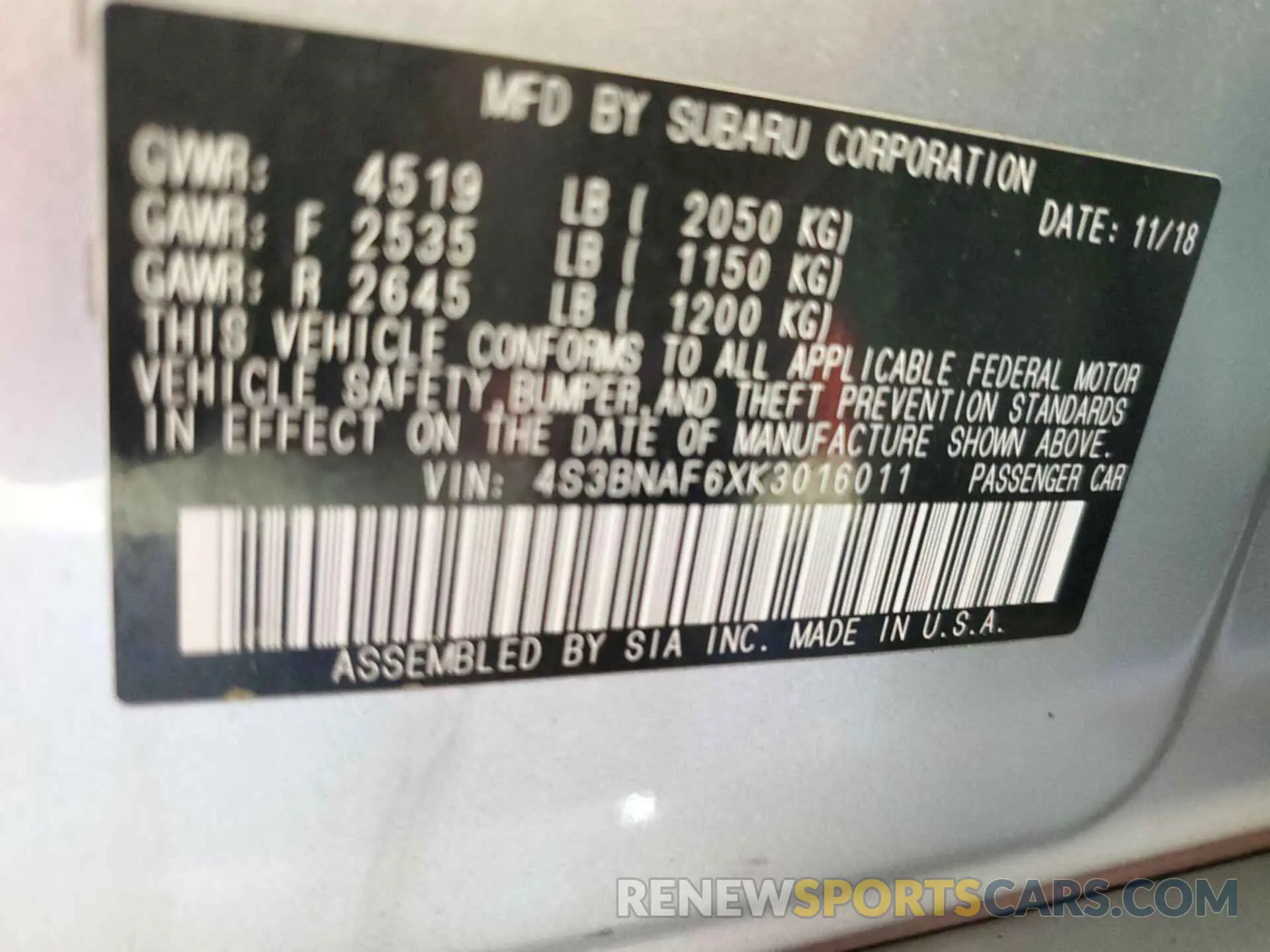 11 Photograph of a damaged car 4S3BNAF6XK3016011 SUBARU LEGACY 2019