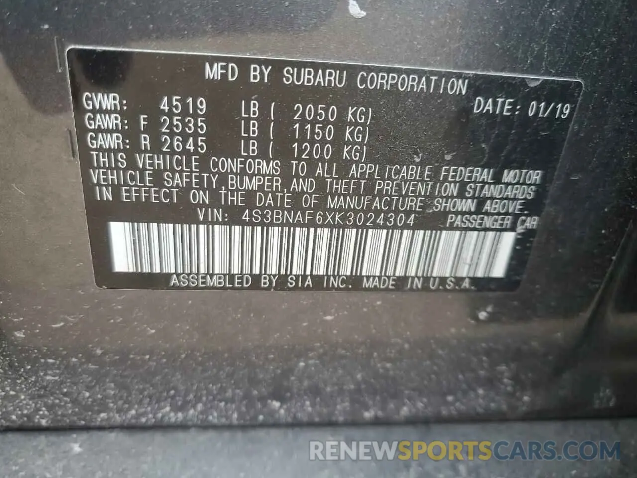 12 Photograph of a damaged car 4S3BNAF6XK3024304 SUBARU LEGACY 2019