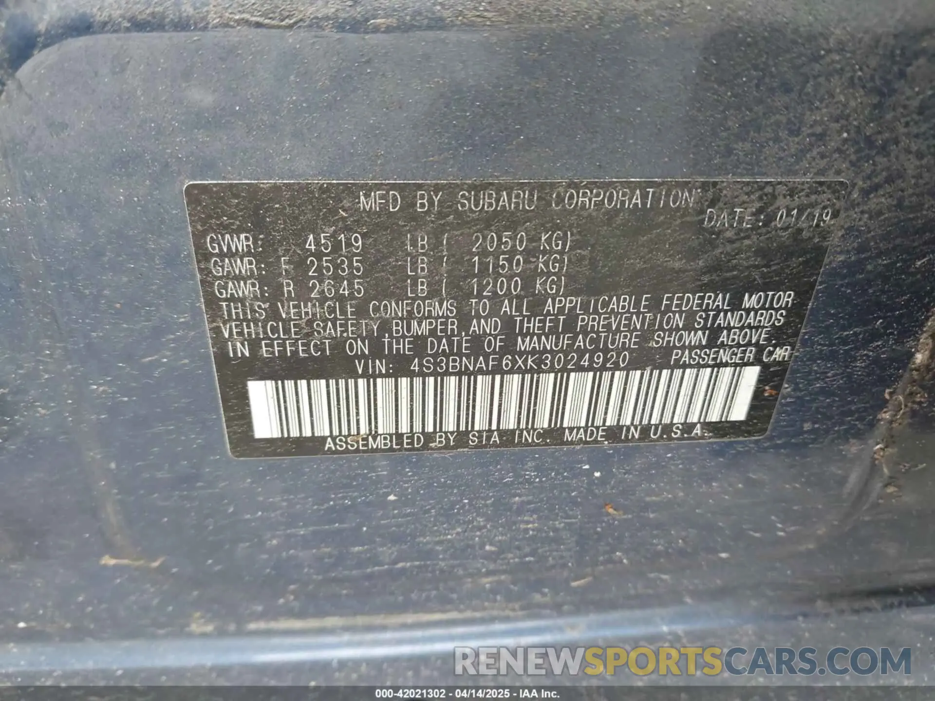 9 Photograph of a damaged car 4S3BNAF6XK3024920 SUBARU LEGACY 2019