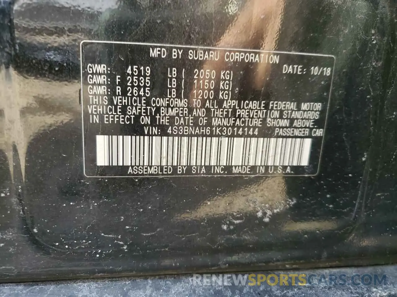 12 Photograph of a damaged car 4S3BNAH61K3014144 SUBARU LEGACY 2019