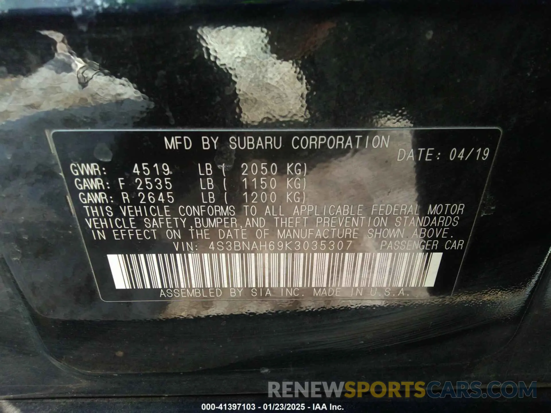 9 Photograph of a damaged car 4S3BNAH69K3035307 SUBARU LEGACY 2019