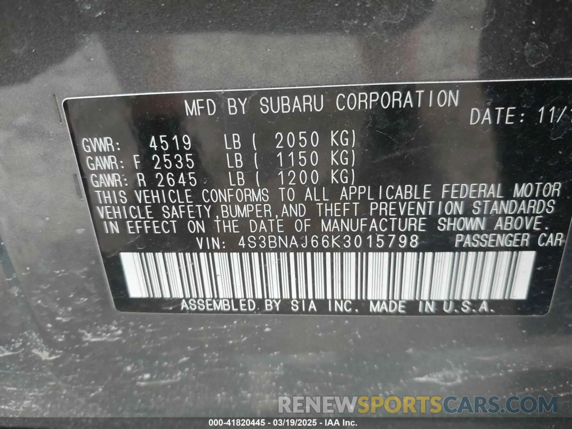 9 Photograph of a damaged car 4S3BNAJ66K3015798 SUBARU LEGACY 2019