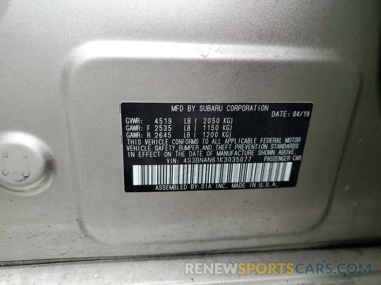 12 Photograph of a damaged car 4S3BNAN61K3035077 SUBARU LEGACY 2019
