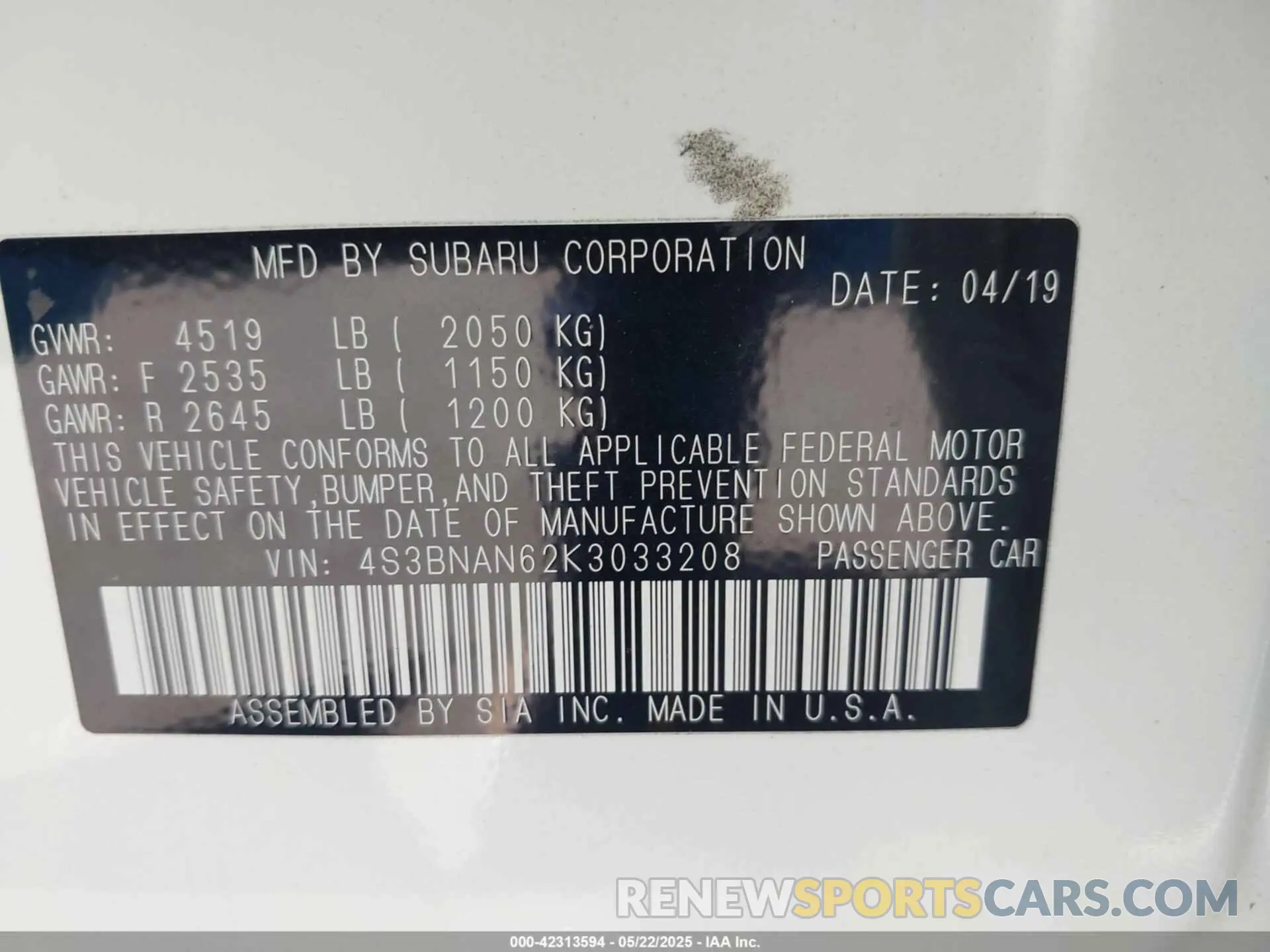 9 Photograph of a damaged car 4S3BNAN62K3033208 SUBARU LEGACY 2019