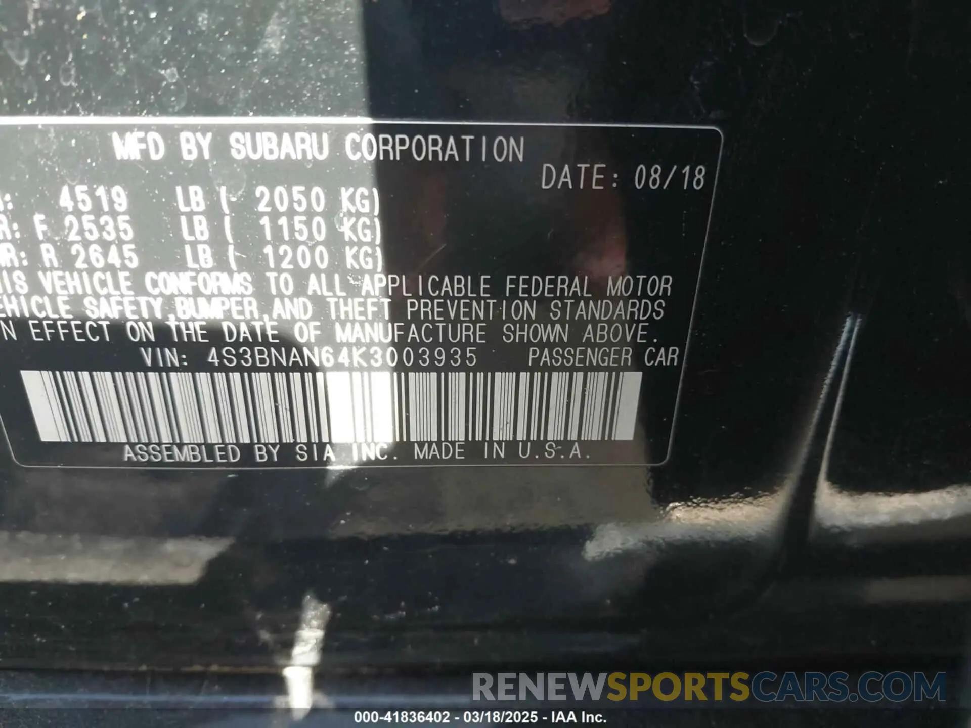 9 Photograph of a damaged car 4S3BNAN64K3003935 SUBARU LEGACY 2019