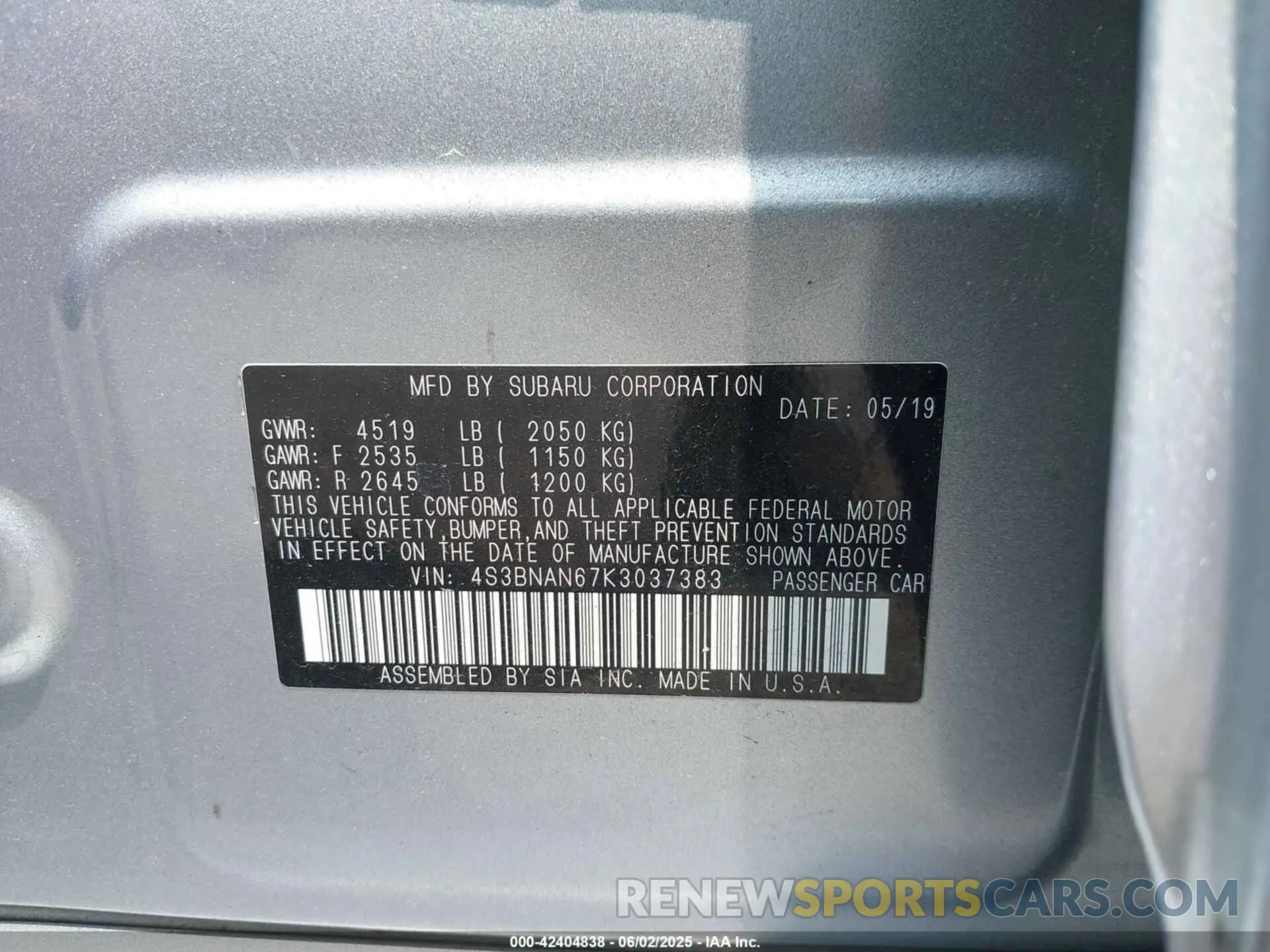 9 Photograph of a damaged car 4S3BNAN67K3037383 SUBARU LEGACY 2019