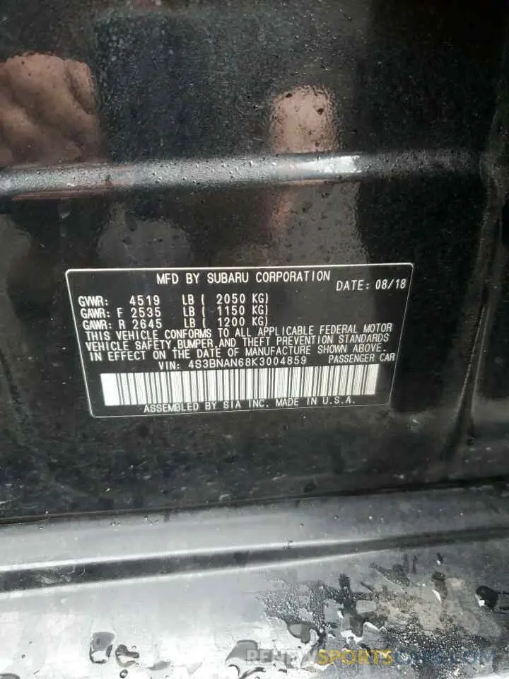 13 Photograph of a damaged car 4S3BNAN68K3004859 SUBARU LEGACY 2019