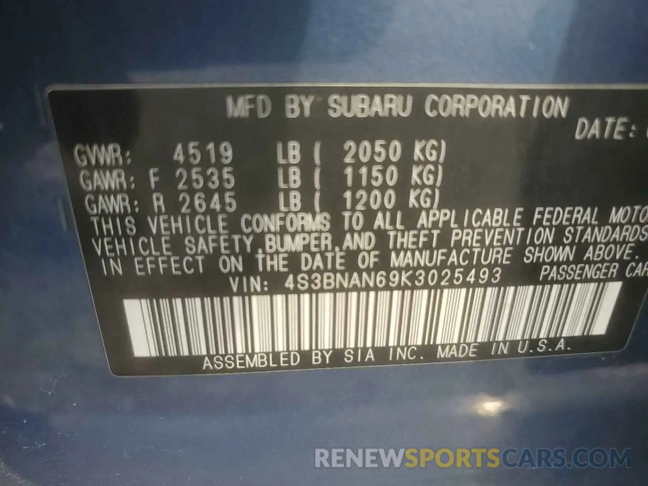 13 Photograph of a damaged car 4S3BNAN69K3025493 SUBARU LEGACY 2019