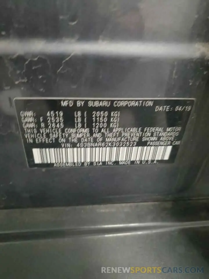 13 Photograph of a damaged car 4S3BNAR62K3032523 SUBARU LEGACY 2019