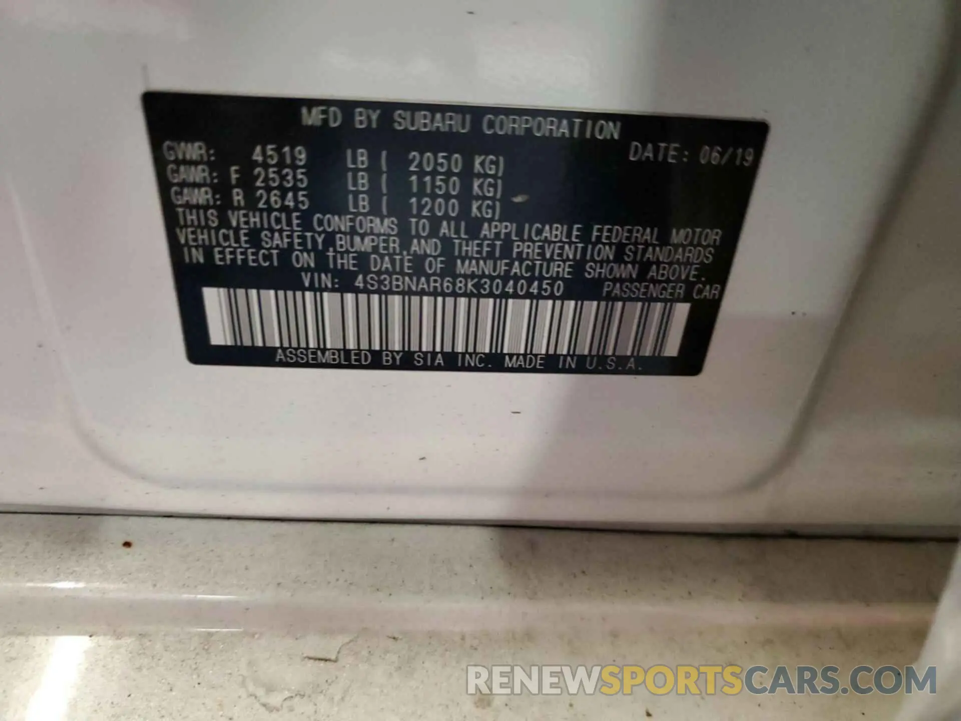 13 Photograph of a damaged car 4S3BNAR68K3040450 SUBARU LEGACY 2019