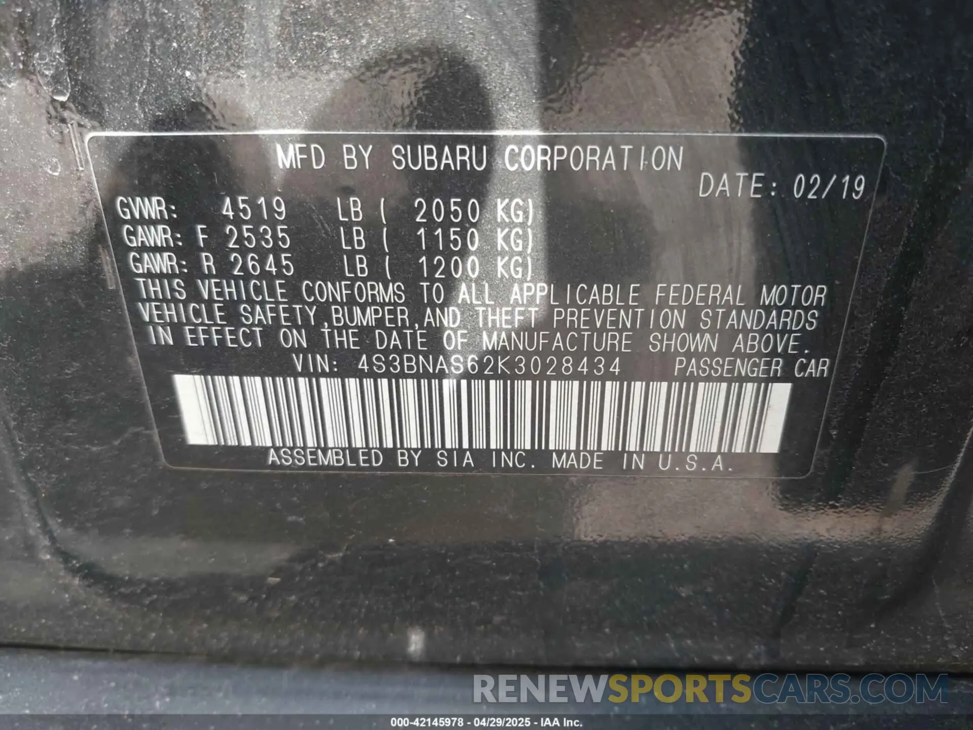9 Photograph of a damaged car 4S3BNAS62K3028434 SUBARU LEGACY 2019