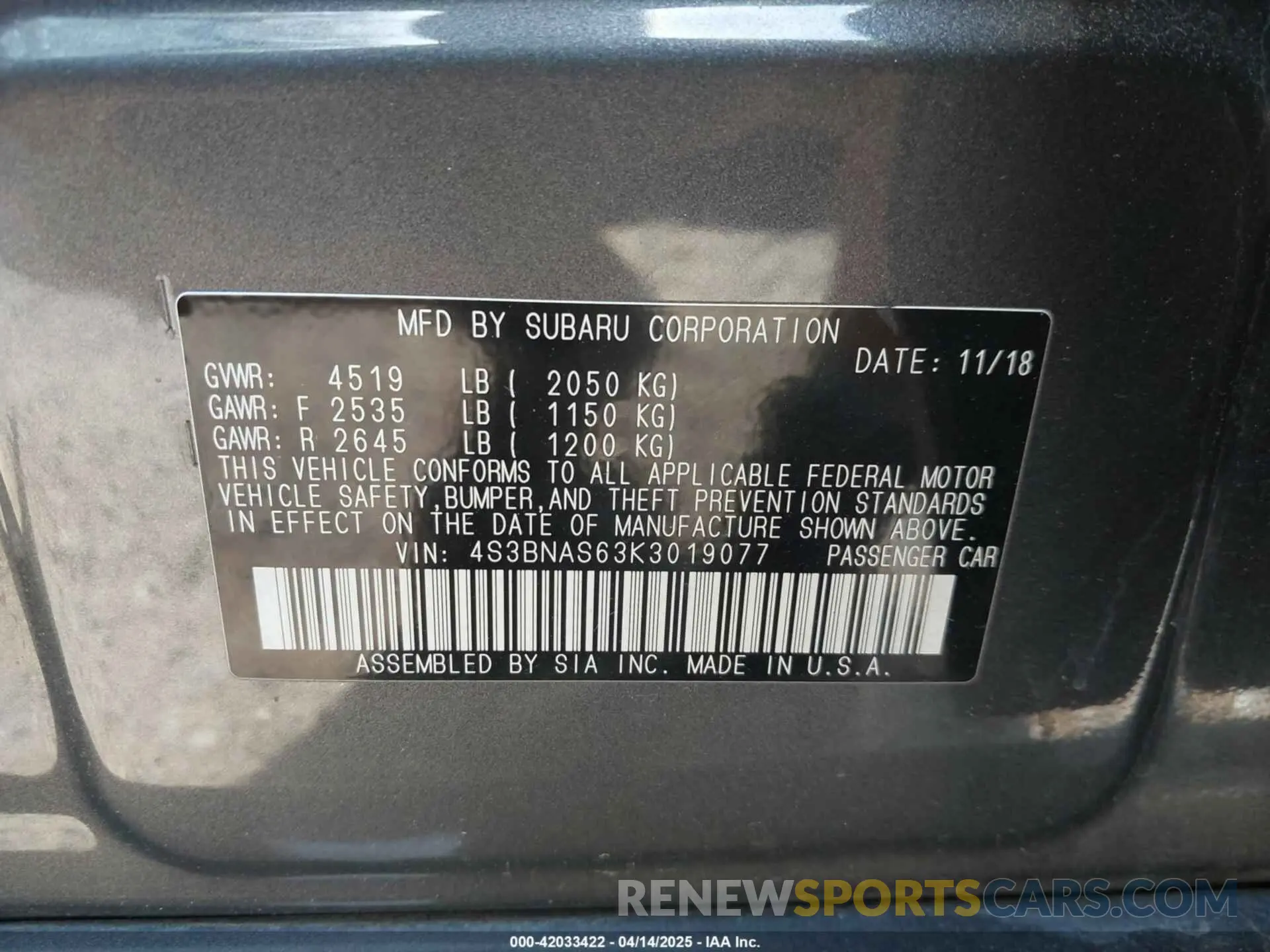 9 Photograph of a damaged car 4S3BNAS63K3019077 SUBARU LEGACY 2019