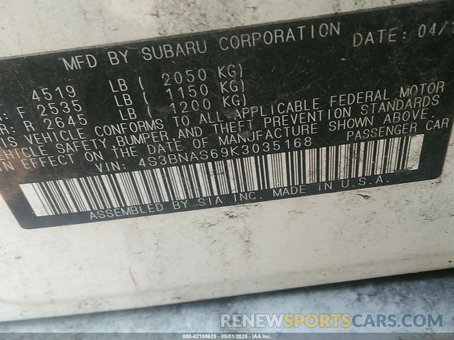 9 Photograph of a damaged car 4S3BNAS69K3035168 SUBARU LEGACY 2019