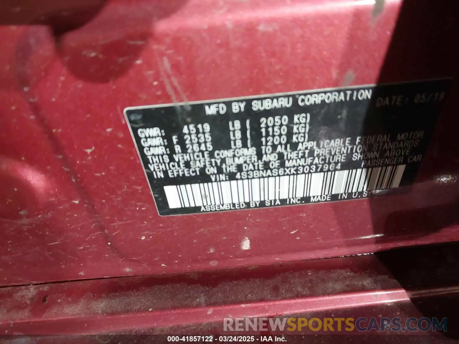9 Photograph of a damaged car 4S3BNAS6XK3037964 SUBARU LEGACY 2019