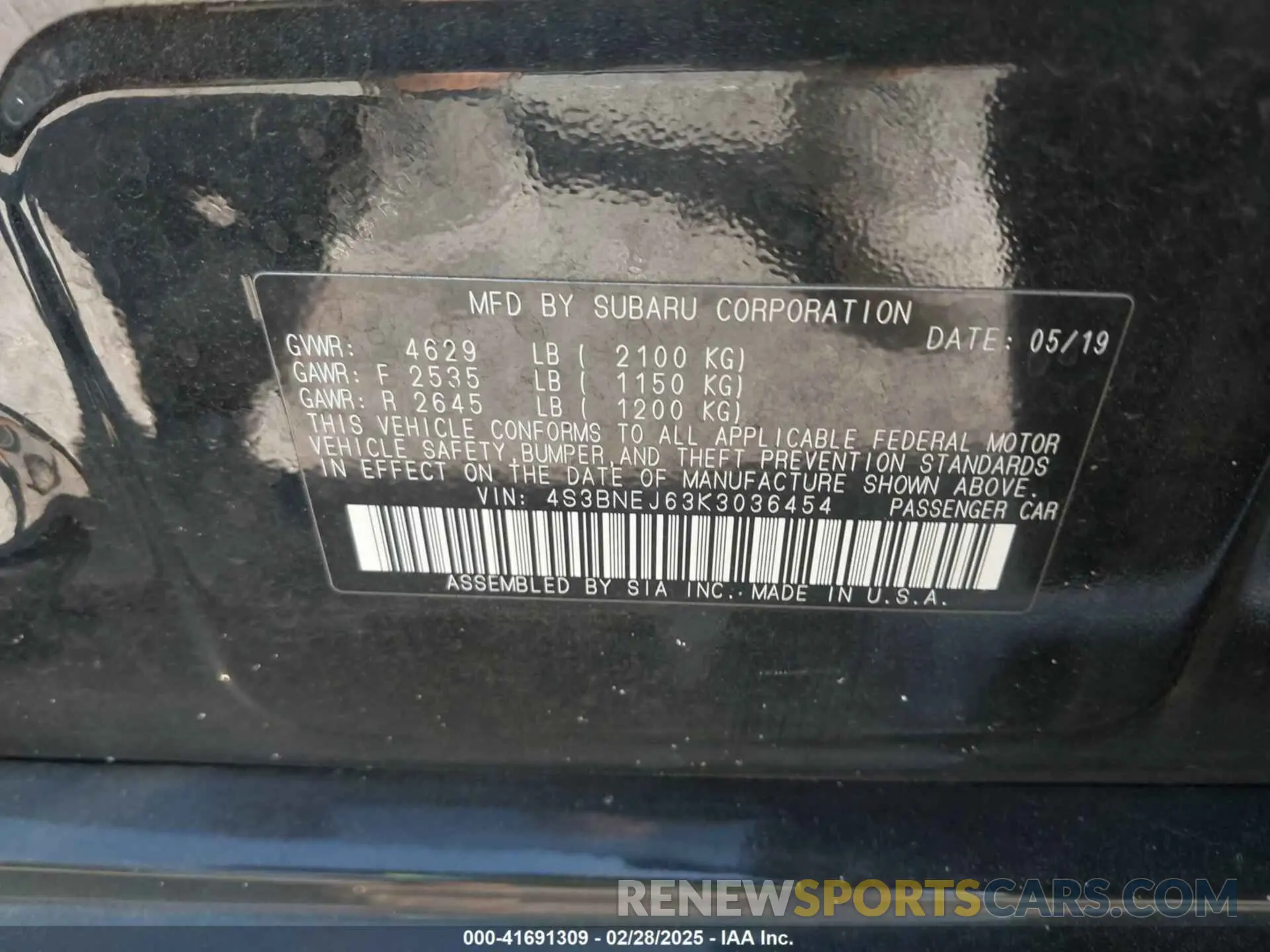 9 Photograph of a damaged car 4S3BNEJ63K3036454 SUBARU LEGACY 2019