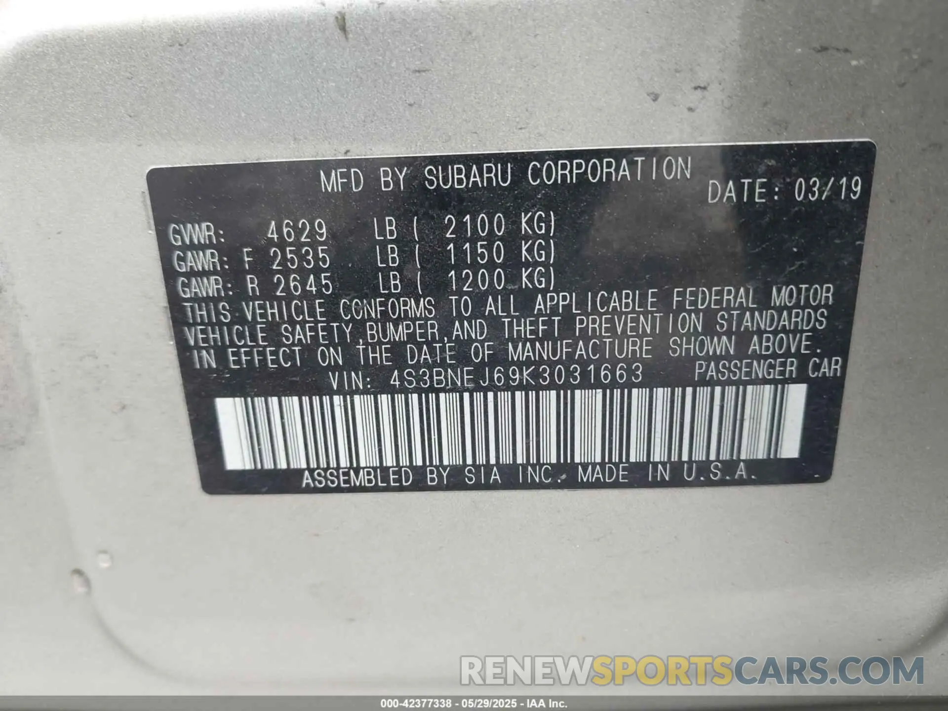 9 Photograph of a damaged car 4S3BNEJ69K3031663 SUBARU LEGACY 2019