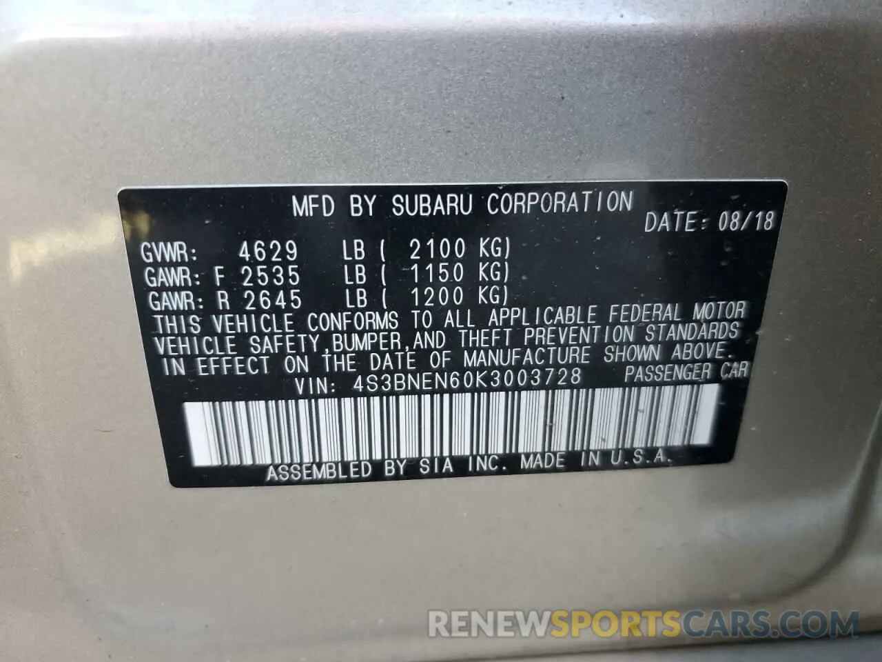 12 Photograph of a damaged car 4S3BNEN60K3003728 SUBARU LEGACY 2019