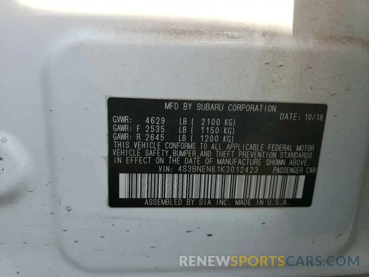 12 Photograph of a damaged car 4S3BNEN61K3012423 SUBARU LEGACY 2019