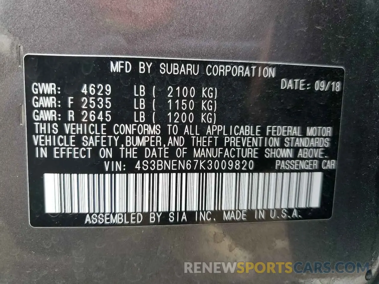 14 Photograph of a damaged car 4S3BNEN67K3009820 SUBARU LEGACY 2019