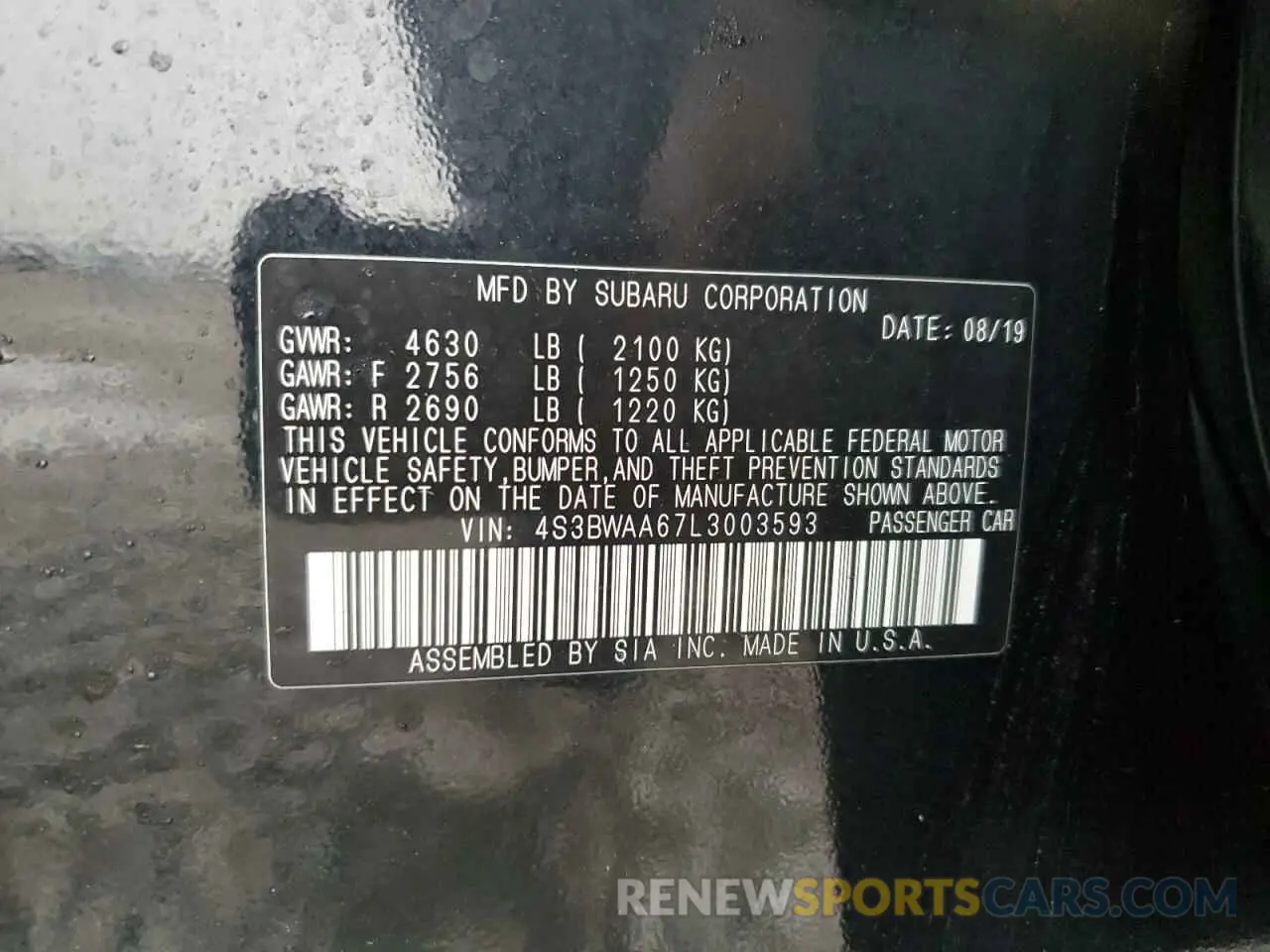12 Photograph of a damaged car 4S3BWAA67L3003593 SUBARU LEGACY 2020