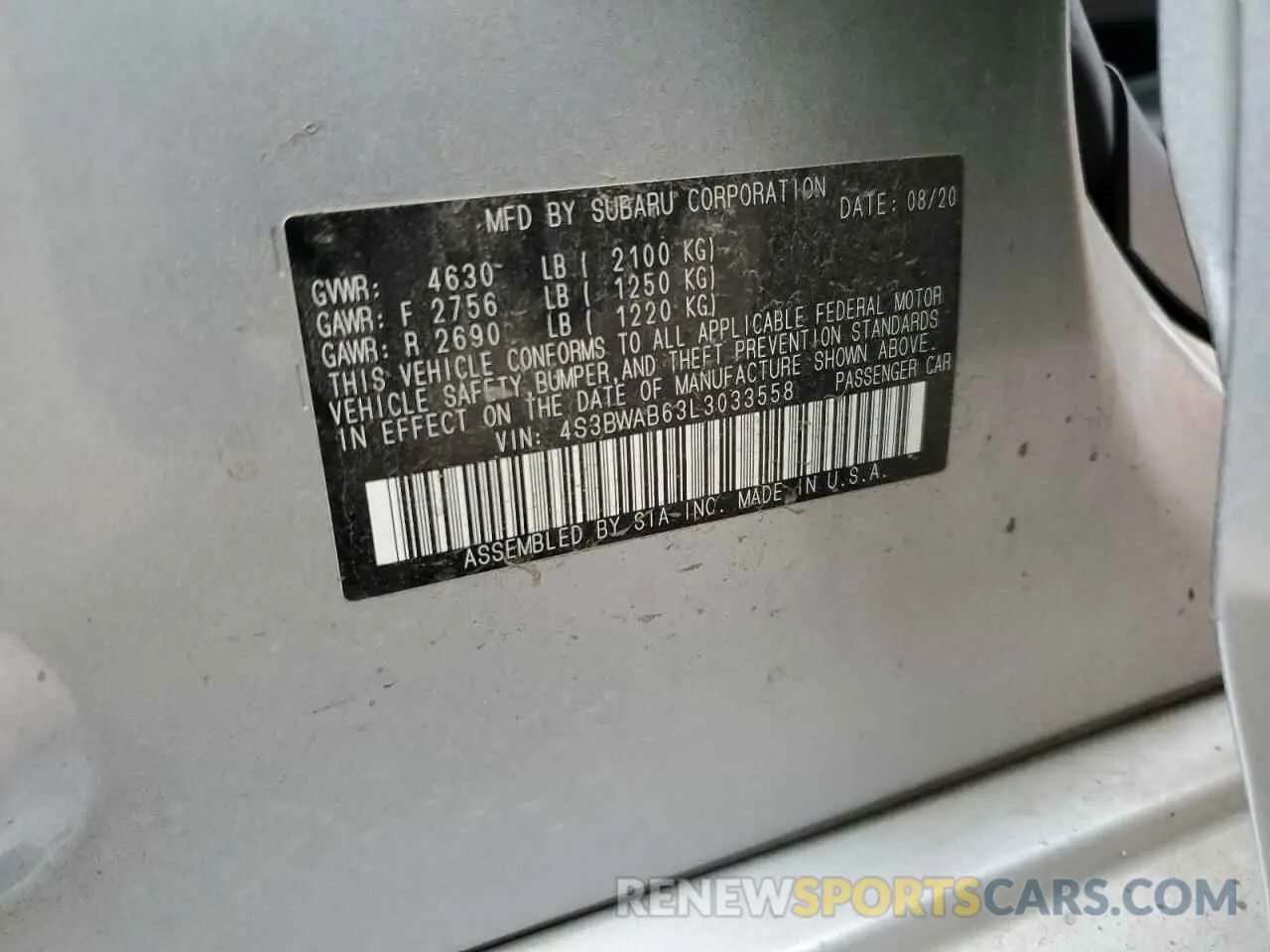 14 Photograph of a damaged car 4S3BWAB63L3033558 SUBARU LEGACY 2020