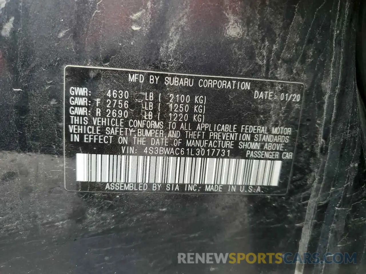 13 Photograph of a damaged car 4S3BWAC61L3017731 SUBARU LEGACY 2020