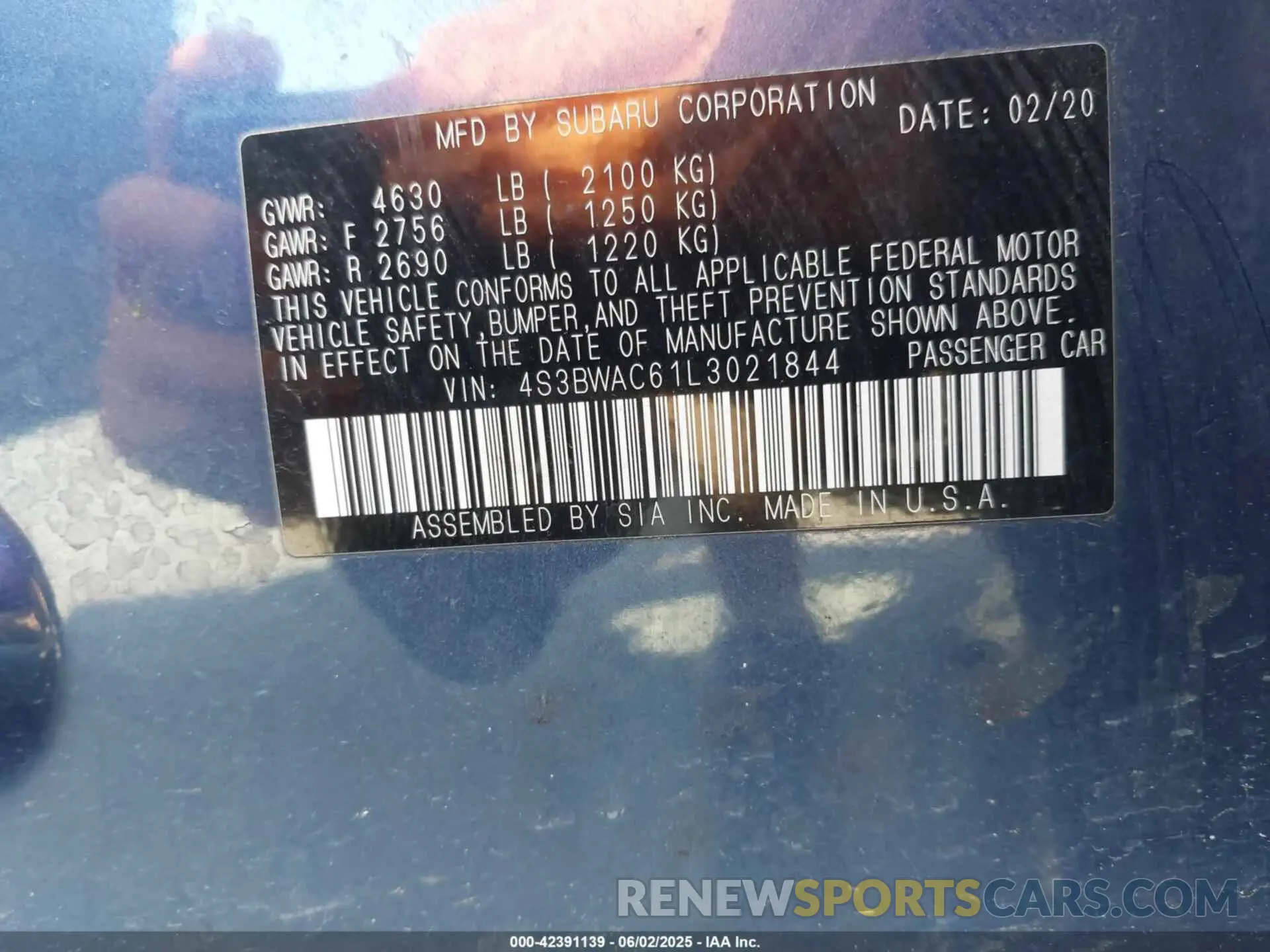 9 Photograph of a damaged car 4S3BWAC61L3021844 SUBARU LEGACY 2020