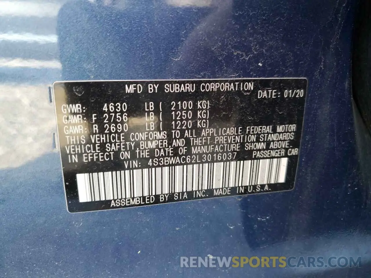 12 Photograph of a damaged car 4S3BWAC62L3016037 SUBARU LEGACY 2020