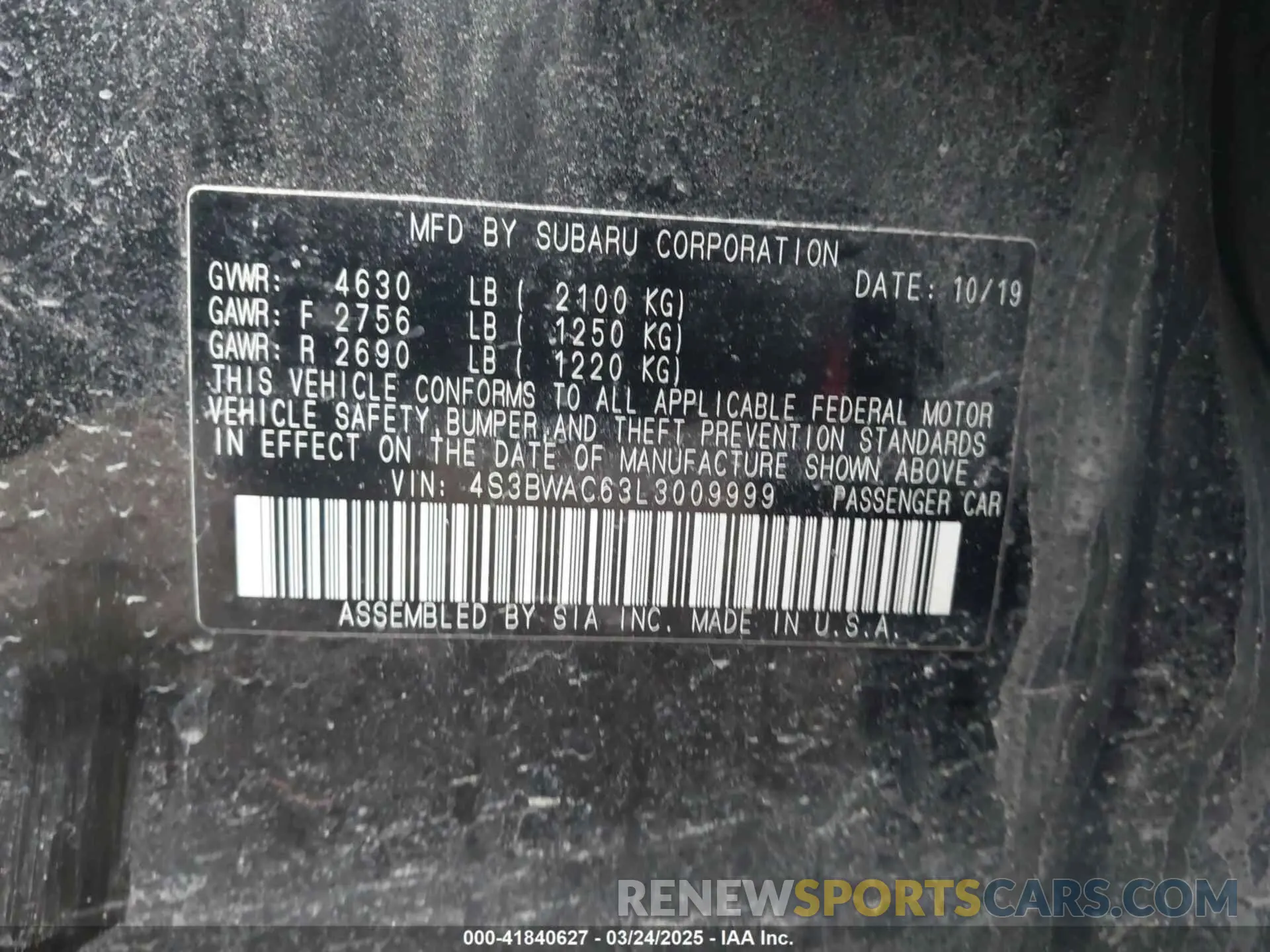 9 Photograph of a damaged car 4S3BWAC63L3009999 SUBARU LEGACY 2020