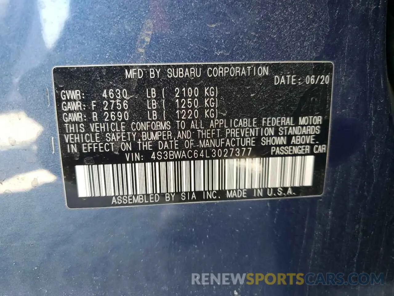 14 Photograph of a damaged car 4S3BWAC64L3027377 SUBARU LEGACY 2020