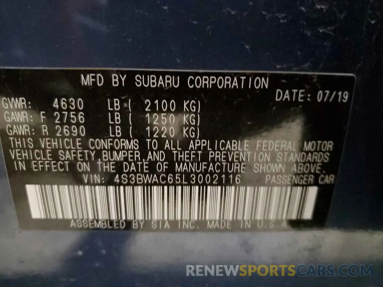 12 Photograph of a damaged car 4S3BWAC65L3002116 SUBARU LEGACY 2020