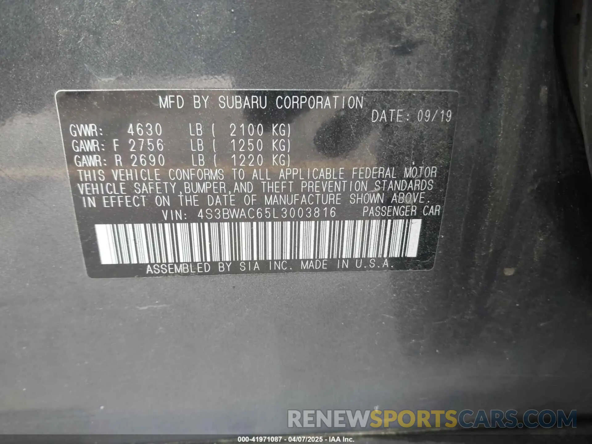9 Photograph of a damaged car 4S3BWAC65L3003816 SUBARU LEGACY 2020