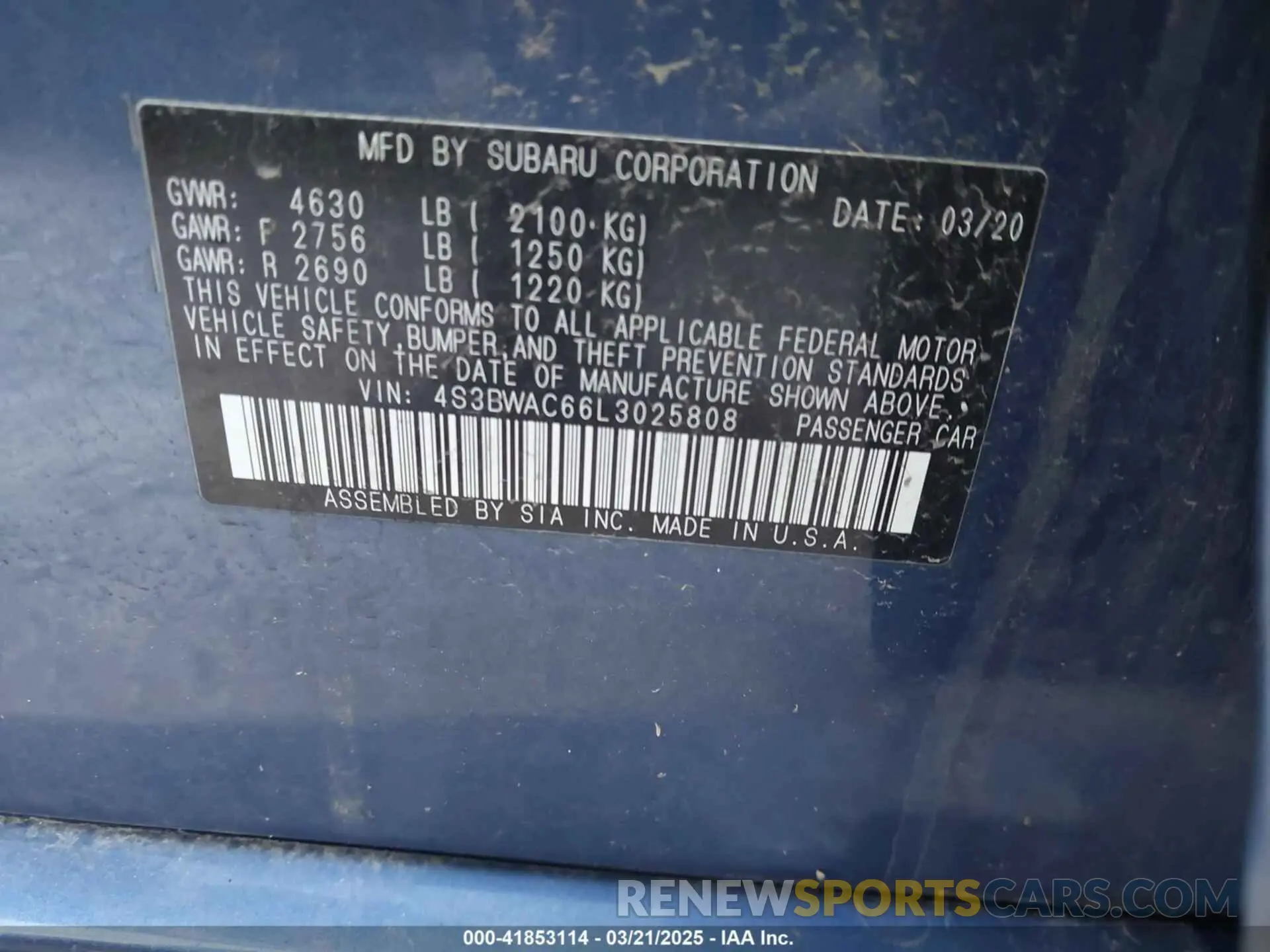 9 Photograph of a damaged car 4S3BWAC66L3025808 SUBARU LEGACY 2020