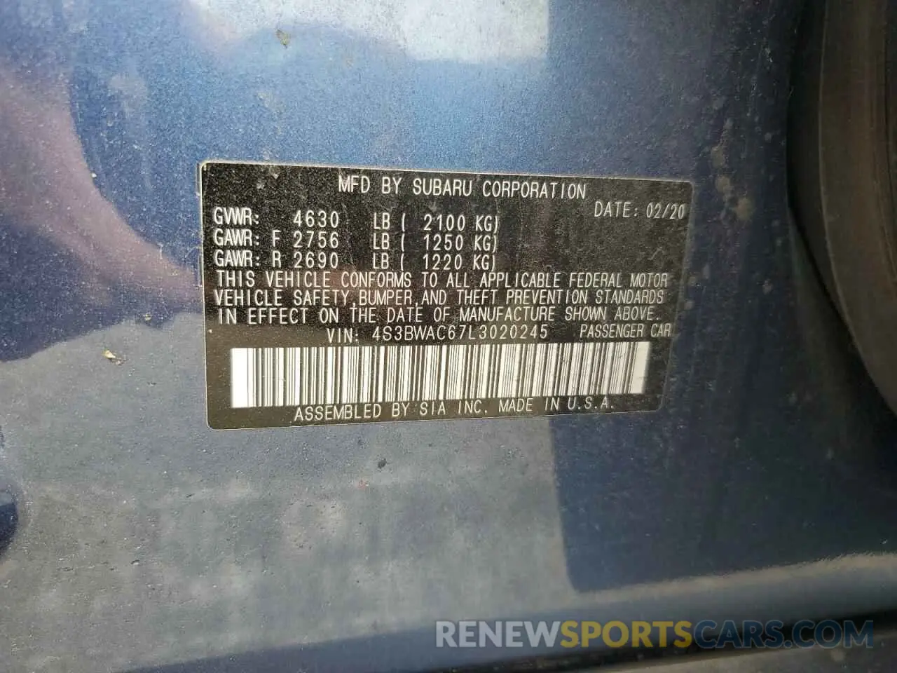 13 Photograph of a damaged car 4S3BWAC67L3020245 SUBARU LEGACY 2020