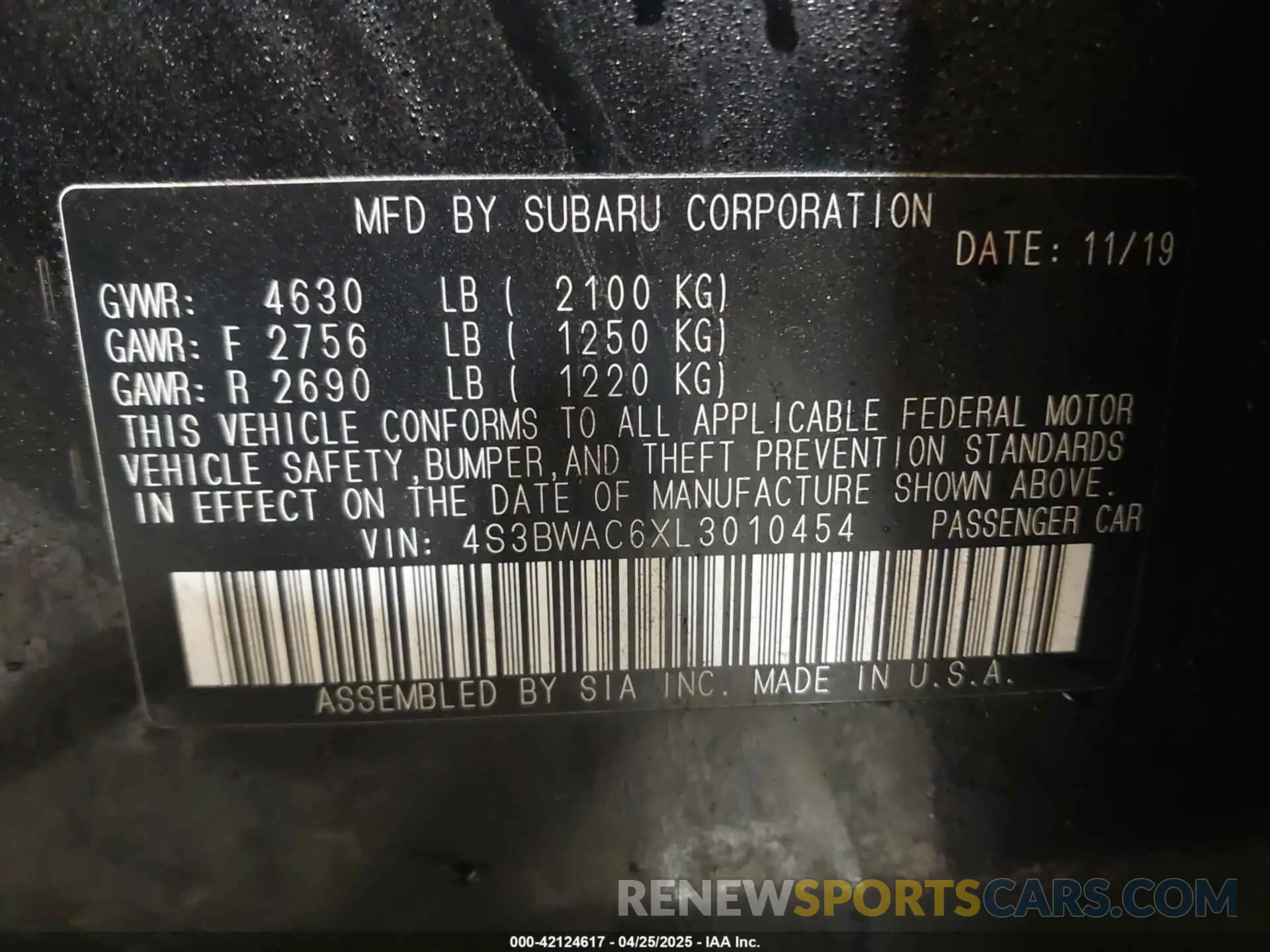 9 Photograph of a damaged car 4S3BWAC6XL3010454 SUBARU LEGACY 2020
