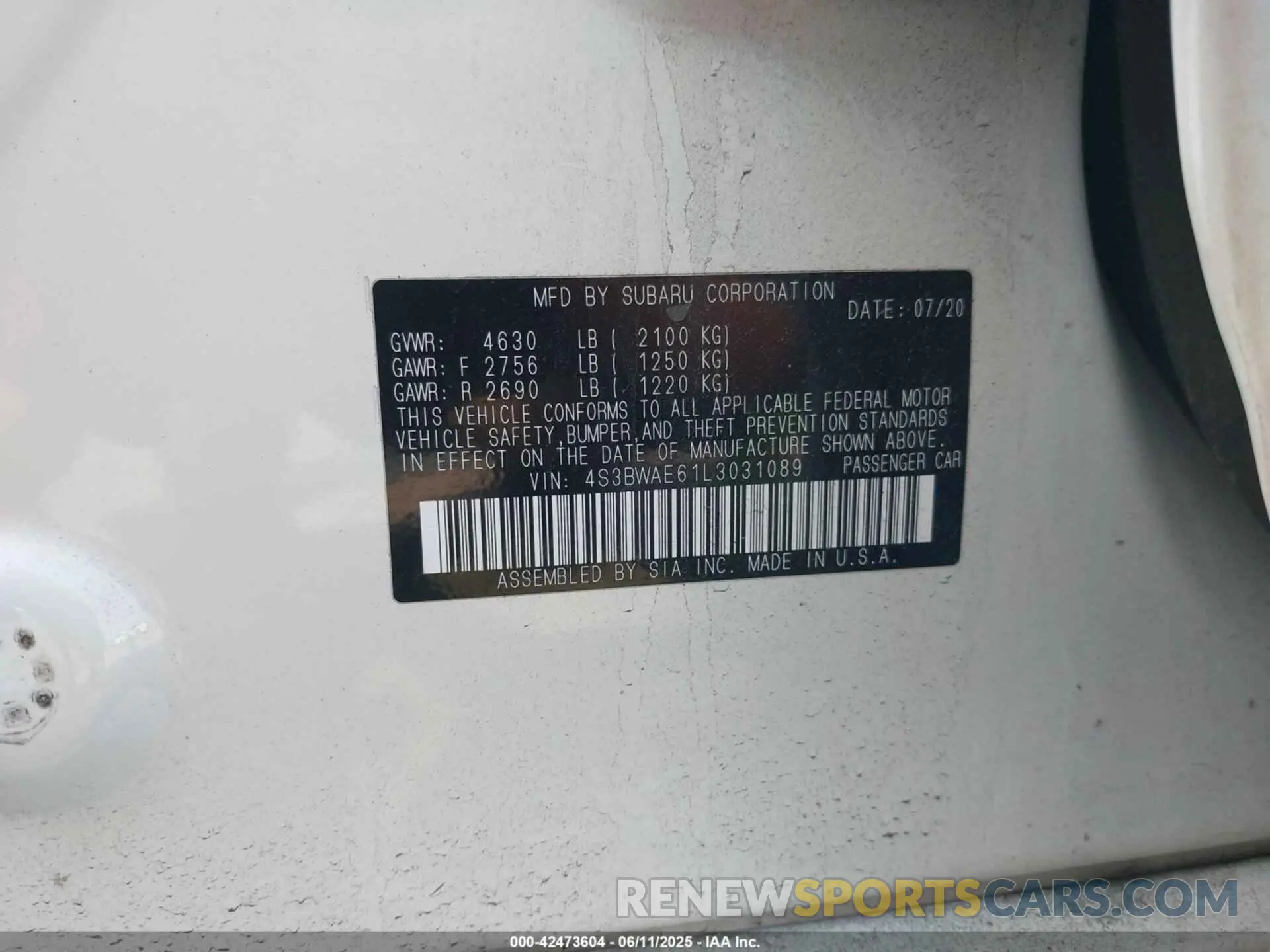 9 Photograph of a damaged car 4S3BWAE61L3031089 SUBARU LEGACY 2020