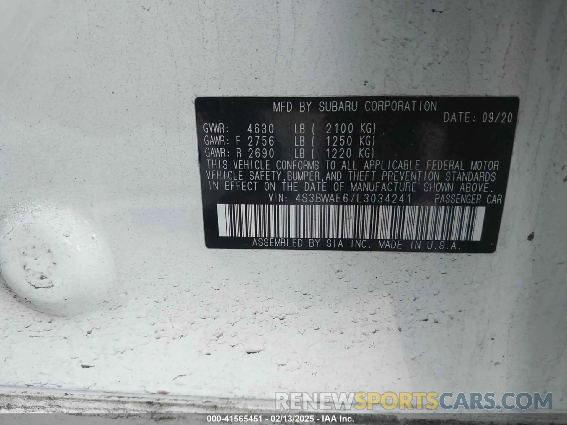 9 Photograph of a damaged car 4S3BWAE67L3034241 SUBARU LEGACY 2020