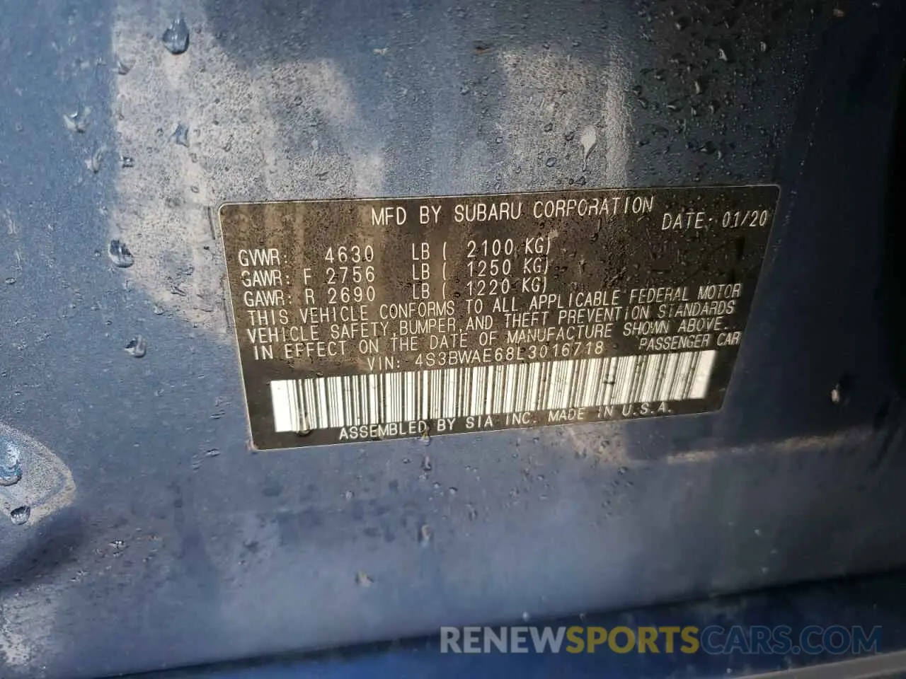 12 Photograph of a damaged car 4S3BWAE68L3016718 SUBARU LEGACY 2020