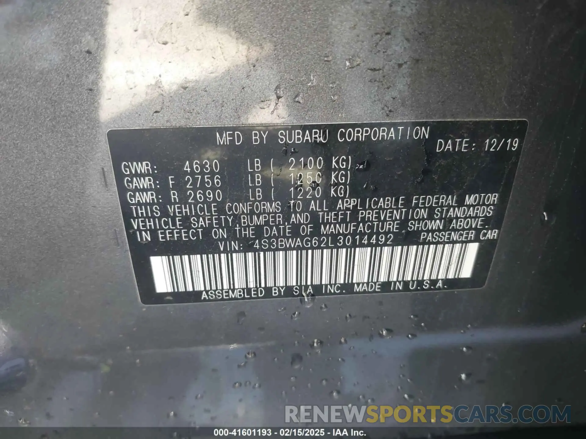 9 Photograph of a damaged car 4S3BWAG62L3014492 SUBARU LEGACY 2020
