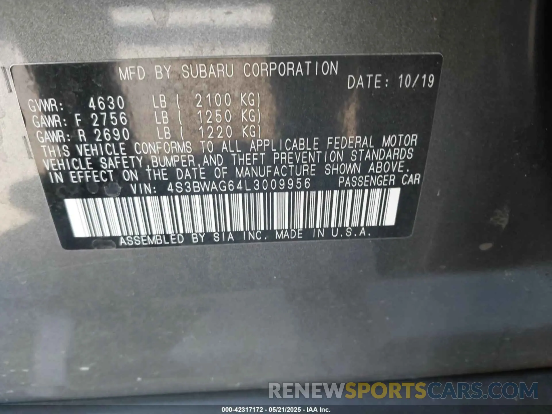 9 Photograph of a damaged car 4S3BWAG64L3009956 SUBARU LEGACY 2020